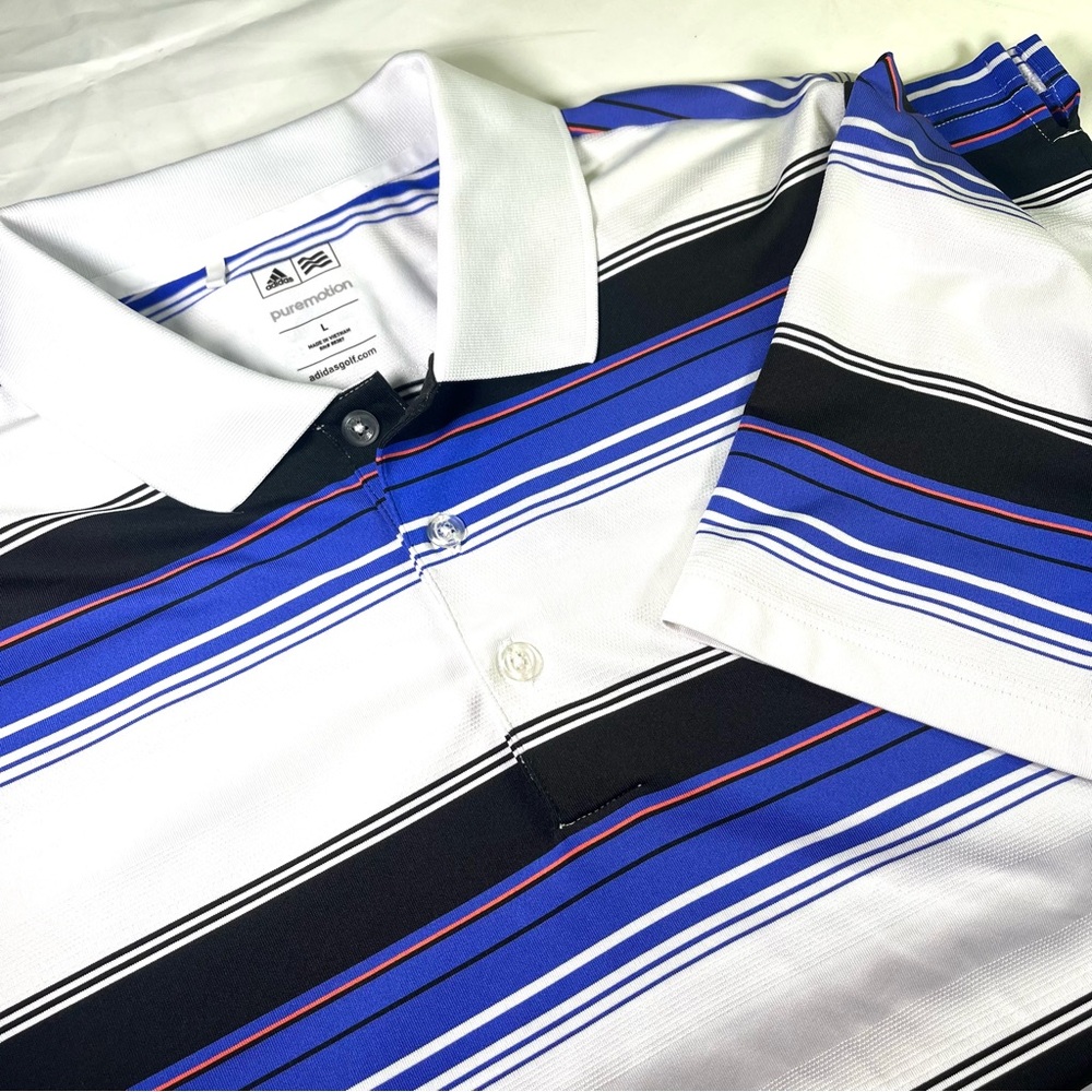 Adidas Golf Mens L Short Sleeve Blue and Black Striped Pure Motion Stretchy Polo
